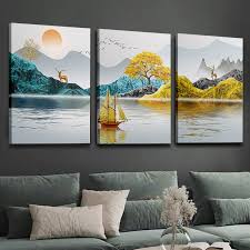 Modern minimalist living room decorative painting , canvas painting with border  With Frame SET OF 3 Fulu Jinshan