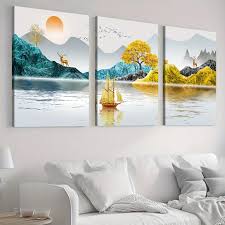 Modern minimalist living room decorative painting , canvas painting with border  With Frame SET OF 3 Fulu Jinshan