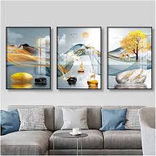Modern minimalist living room decorative painting , canvas painting with border  With Frame SET OF 3 GOOD FORTUNE SHINES BRIGHTHY