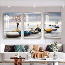 Modern minimalist living room decorative painting , canvas painting with border  With Frame SET OF 3 GOOD FORTUNE COMES FROM STONES