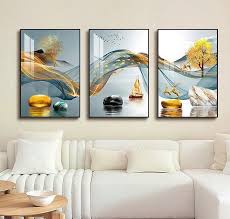 Modern minimalist living room decorative painting , canvas painting with border  With Frame SET OF 3 GOOD FORTUNE SHINES BRIGHTHY