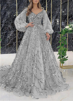 Golden Heavy Industry Beaded Luxury Evening Dress Sexy Socialite Aura Queen Long