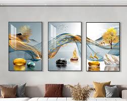 Modern minimalist living room decorative painting , canvas painting with border  With Frame SET OF 3 GOOD FORTUNE SHINES BRIGHTHY